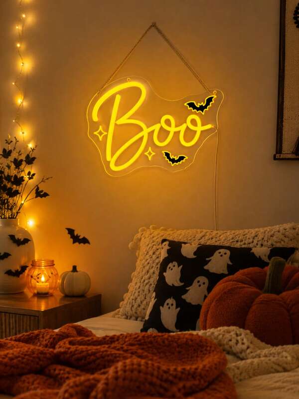 1 pieza Letrero de neón LED Boo de Halloween con cable USB, luz de neón amarilla de placa PS, decoración de pared con cita de murciélago lindo y espeluznante para dormitorio, fiesta, bar, regalo festivo