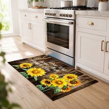 1pc Sunflower Floral Vintage Wood Grain English Letter Print Kitchen Mat, Entryway Doormat, Hallway Rug, Kitchen Decor Carpet, Country Farmhouse Style Home Decor, Suitable For Family, Apartment, New Home, Daily Use - Multicolor - View 2
