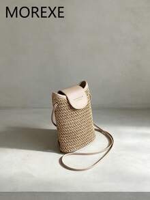 Woven Small Vertical Bucket Bag For Women, Fashionable Versatile Crossbody Phone Bag - Khaki - View 1