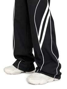 Street Retro Elastic Drawstring Casual Long Pants, Symmetrical Wave White Line Outline, Draped Wide Leg Summer Quick-Dry Woven Long Pants, Track Functional Style Men's Sports Long Pants - Black - View 3