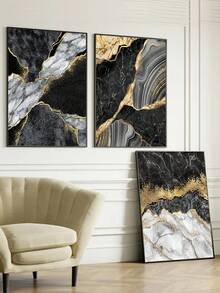 Juego de 1/3 piezas Pintura de arte de pared con textura de mármol abstracto de flujo de tinta beige y dorado, póster de decoración para sala de estar, sofá, oficina y hogar, entusiasta de la decoración del hogar minimalista moderna, material decorativo con marco opcional - Multicolor - Ver 7