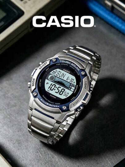 Casio Men's Solar Digital Watch Tide Graph Moon Phase Stainless Steel Bracelet 100M Water Resistant W-S210HD-1A