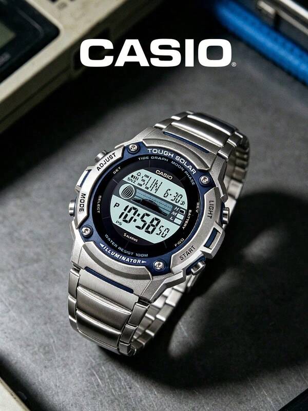 Casio Men's Solar Digital Watch Tide Graph Moon Phase Stainless Steel Bracelet 100M Water Resistant W-S210HD-1A