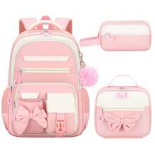 3 Pieces Bowknot Large Capacity Backpack Set With Tote Bag And Storage Pouch, Plush Ball Decor, Ideal Back To School Gift, Travel And Daily Commute Backpack Set - Sets - View 11