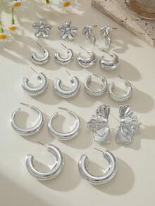 6/18PCS Fashionable Elegant Asymmetric Floral Geometric C-Shaped Multi-Element Silver Metallic Earring Set, Women's Fashion Earring Set (Lightweight CCB Material, Non-Fading) - Silver - View 5