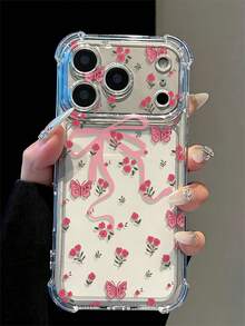Fashion Floral Pattern Cute Transparent Shockproof Phone Case, Bow Design, Simple Spring Versatile, Suitable For Daily Use, Raised Edge Anti-Scratch Protective Cover, Compatible With IPhone17/17Pro/17ProMax/16/16Pro/16ProMax/15/15Pro/15ProMax/14/13/12/11 - Pink - View 2