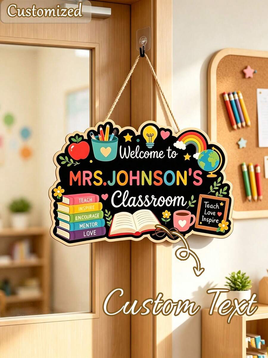 Customized Name Teacher Classroom Wooden Sign, Colorful Apple Rainbow Welcome Door Hanging Decor, Kindergarten/Elementary School Classroom Decoration, Teacher Appreciation Gift, Back To School Season, School Supplies, Personalized Gift, Teacher's Day Gift, Middle School Students - Multicolor - View 1