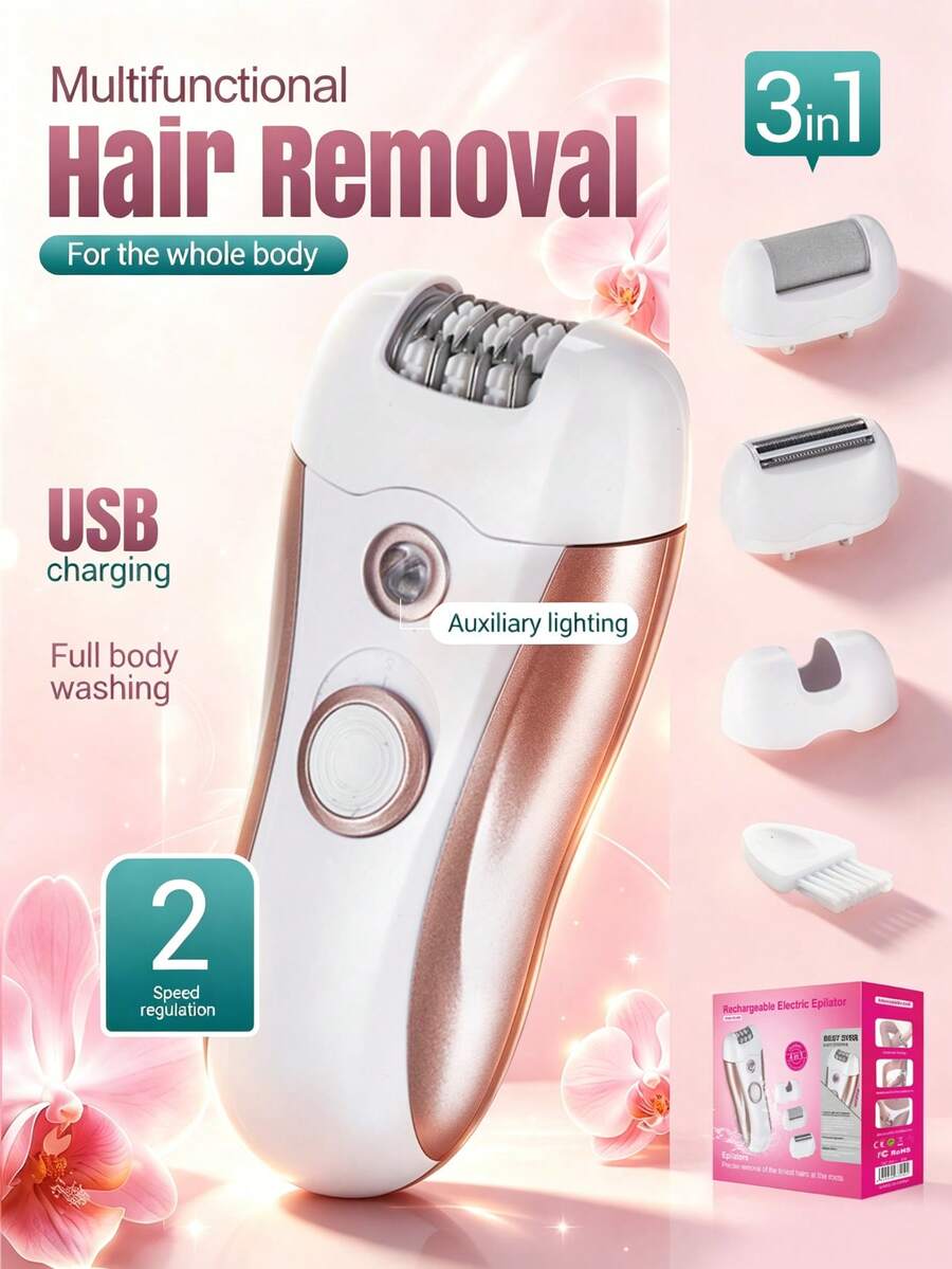 ALUSHEE 3-In-1 Women's Electric Epilator, Exfoliator, Shaver, Full Body Washable Hair Removal Device, 600mAh Battery Capacity, With Shaver, Epilator And Foot Grinding Head, Built-In LED Light, Dual Speed Mode, Rechargeable, Suitable For Face, Underarms And Legs Hair Removal