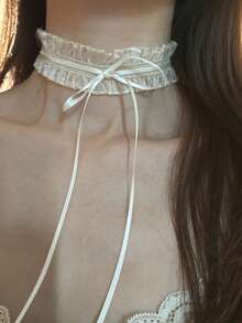新款法式雙層蕾絲蝴蝶結鎖骨項鍊，甜美女孩風女款頸鍊 - 彈性蕾絲 - 查看 3