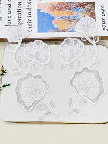 2pcs/Set White Pair Beaded Floral Embroidery Applique, Sheer Tulle Flower Leaf Patch, Sew On Decorative Motif For Wedding Dress Evening Gown - White - View 2