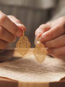 1 Pasang Anting-Anting Wanita Model Daun Berongga Gaya Bohemian, Cocok untuk Liburan dan Pemakaian Sehari-hari - daun - View 6