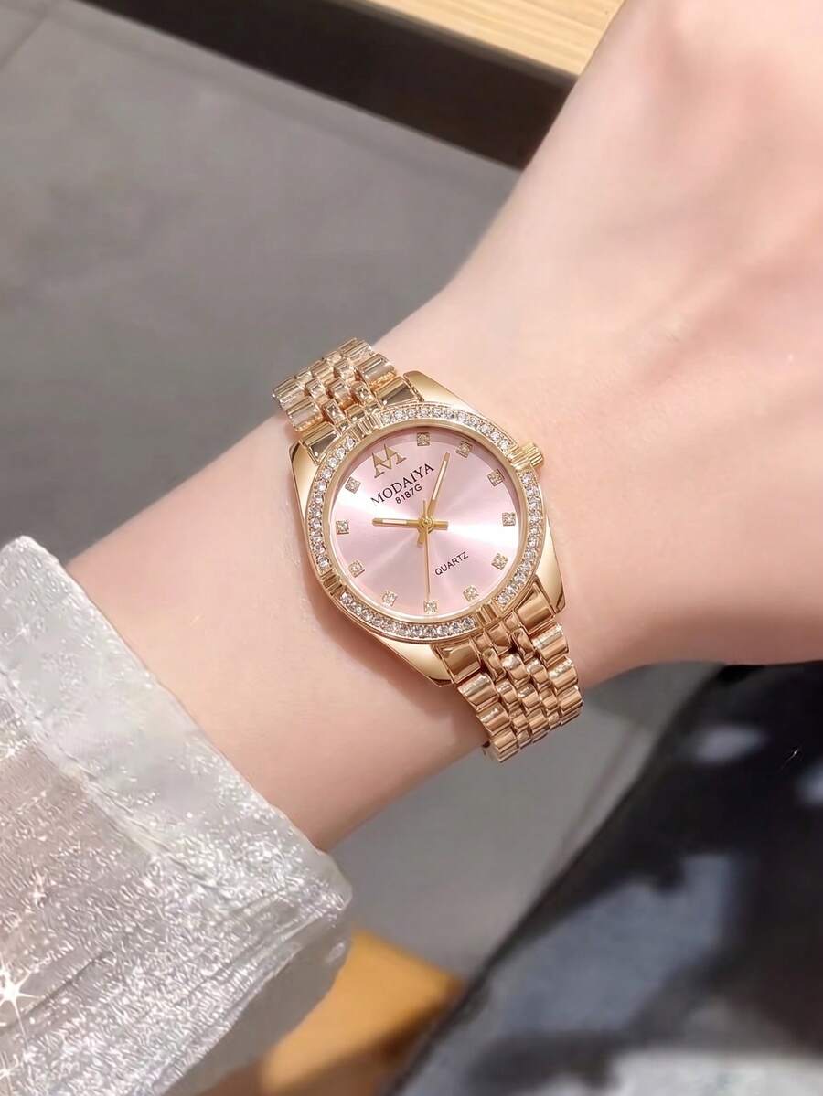 奢華玫瑰金女款腕錶,白色錶盤,鑲鑽錶圈,鋼製錶帶,優雅女性禮物,適合生日、情人節、週年紀念,送給媽媽的禮物 - 彩色 - 查看 1