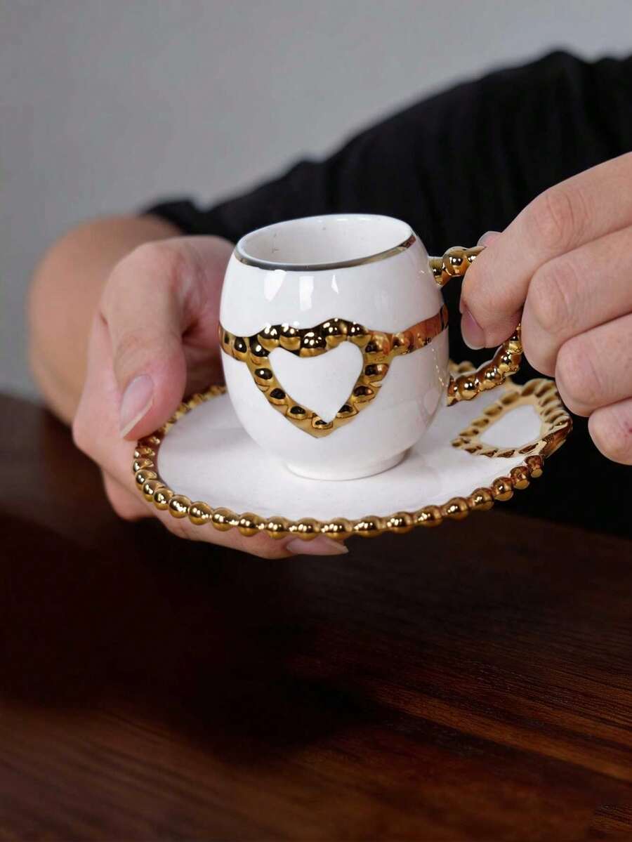 European Luxury White Ceramic Espresso Cup & Saucer Set, 100ml Small Capacity Gold Bead Handle Hollow Heart Design Mini Italian Coffee Cup, Elegant Afternoon Tea Tableware, Gift Choice For Women - Multicolor - View 1
