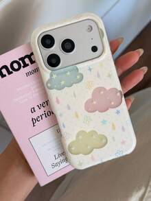 Casing Ponsel Latar Belakang Putih dengan Motif Awan dan Tetesan Hujan Berwarna-warni, Kompatibel dengan Apple 17 Pro Max, 16 Pro, 15, 14, 13, Gaya Segar, Pelindung Anti-Jatuh Lembut Premium untuk Wanita dengan Perlindungan Penuh - Putih - View 4