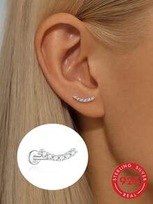 1pc S925 Sterling Silver European & American Shiny Niche Design Geometric Curved Single Row Rhinestone Stud Piercing Earrings, Fashionable Personalized Exquisite Minimalist Luxury High-End Ear Jewelry, Suitable For Women Commute, Date, Party, Versatile Fresh Party Accessory Gift - Geometry - View 10