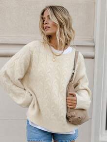 2026 Autumn/Winter Women's European & American Casual Vintage Knit Round Neck Cable Pattern Solid Color Sweater - Apricot - View 3