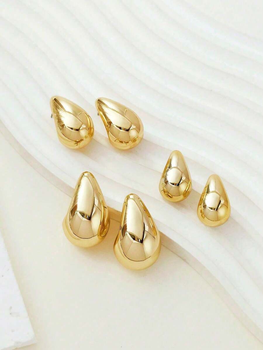 1/3 Pairs Elegant Vintage Gold Glossy Water Drop Stud Earrings, Suitable For Women - Gold - View 1