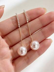 1 Pair Of Fashionable Personalities Long Style Temperament Faux Pearl Earrings Suitable For Women's Daily Commuting ﻿ - Gold - View 2