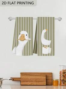 2pcs/Set Handuk Mandi/Handuk Dapur - Handuk Dapur Bergambar Tema Angsa Lucu, Kain Lap Piring Lembut dan Menyerap, Dekorasi Rumah, Handuk Serbaguna untuk Dapur & Kamar Mandi - MultiWarna - View 2