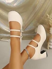 Women's Round Toe Double Buckle Square Buckle Chunky Heel Mary Jane Pumps, Vintage Solid Color Mid Heel Commute Party Dress Shoes - Beige - View 3