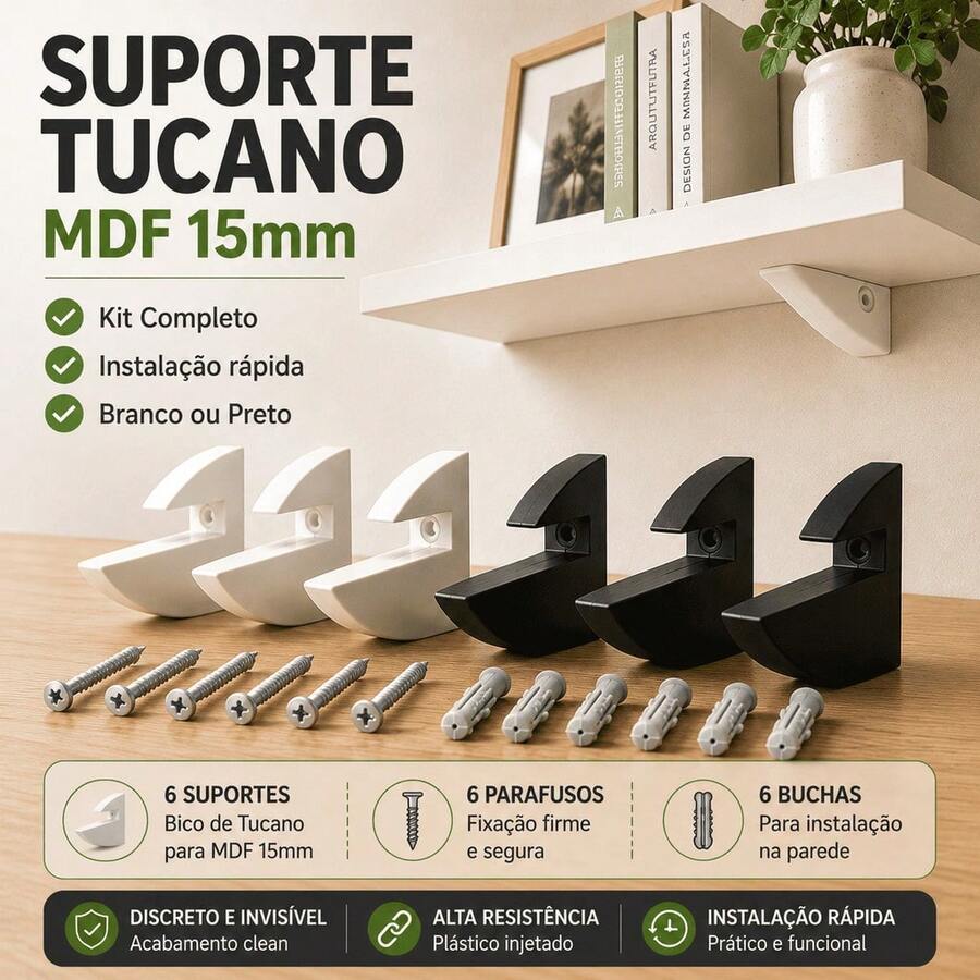 Kit 30 Suportes Tucano MDF 15mm Fixador Invisível Para Prateleira Preto e Branco - Branco - Visão 1