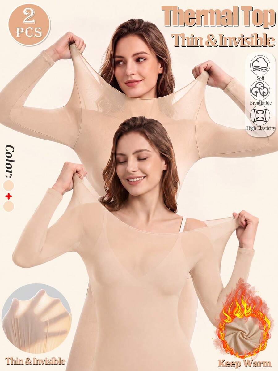 两件装女士无缝长袖上衣，超薄纯色保暖内衣，温暖舒适的长袖圆领无缝打底衫，修身高弹米色薄纱上衣，休闲纯色轻薄保暖秋冬季 - 米色 - 查看 1