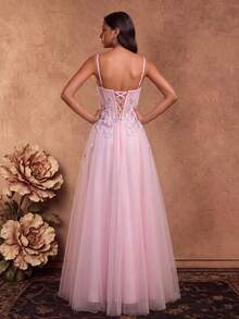 Women's 3D Floral Decor Luxurious High Waist Spaghetti Strap Maxi Evening Dress Pink Wedding - Pink - View 2