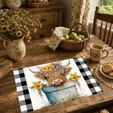 1pc/4pcs/6pcs Highland Cow Pattern Printed Linen Placemats, Rectangular Table Mats, Washable, Easy To Clean, Plate Mats, Bowl Mats, Western Style Placemats, Suitable For Kitchen, Dining Room, Family Gatherings, Coffee Table And Daily Table Decoration - Multicolor - View 5