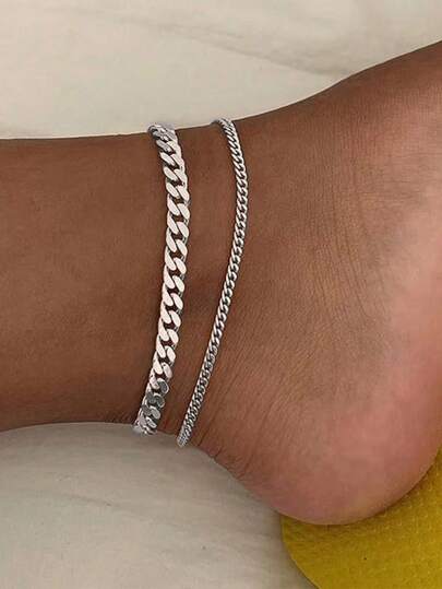 2pcs/Set Silver Stainless Steel Cuban Chain Anklet Set For Women Beach