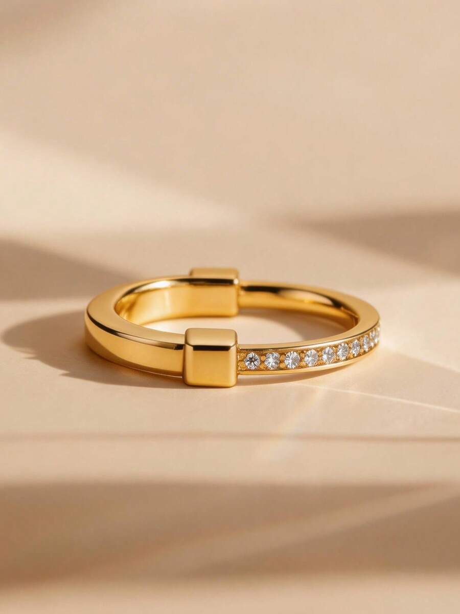 1pc Exquisite Gold Open Ring With Square Decoration And Pave Cubic Zirconia, Stackable Fashion Ring, Suitable For Daily Wear - Gold - View 1