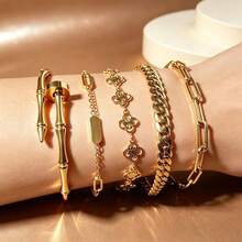 Luxury 18K Gold Plated Stainless Steel Bracelet 5-Piece Set, Bamboo Joint Open Bangle, Rectangular Pendant Thin Chain, Hollow Clover Bracelet, Cuban Thick Chain, Paperclip Chain, Non-Fading Women's Layered Jewelry Gift - Gold - View 9