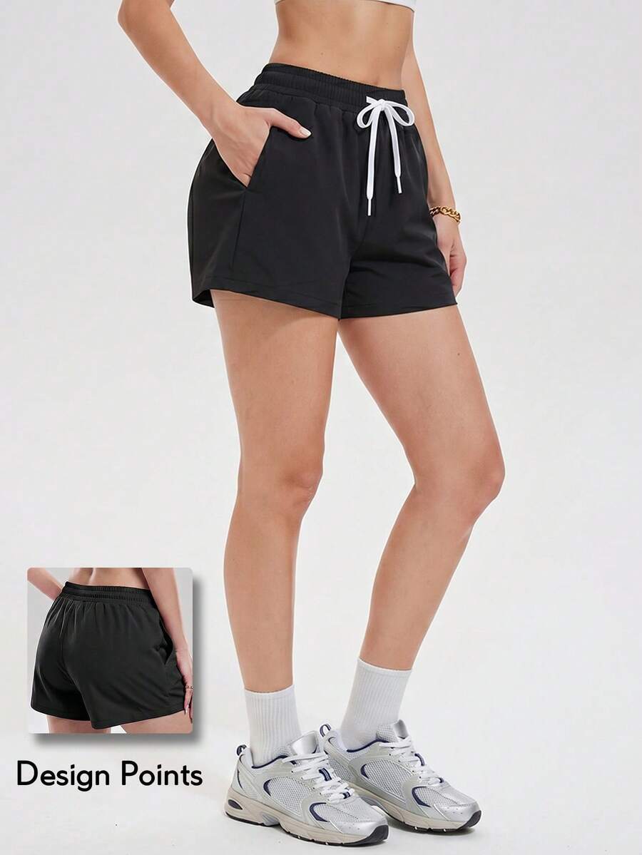 KyrLssu Elastic Waist Drawstring Casual Shorts With Side Pockets - Black - View 1
