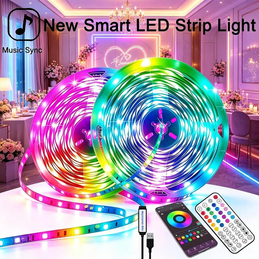 Smart Adjustable RGB LED Light Strip, 44-Key Remote And APP Control, USB Powered, Adjustable Brightness And Color, Supports Music Sync And Timer Function, Suitable For TV Backlight, Indoor Space, Game Room And Halloween Christmas Decoration