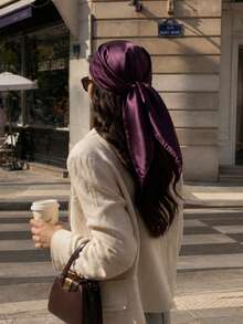1pc Soft Solid Color Minimalist Polyester Silk-Like Square Scarf, Headband Headwrap, Suitable For Styling And Outfit - Purple - View 5