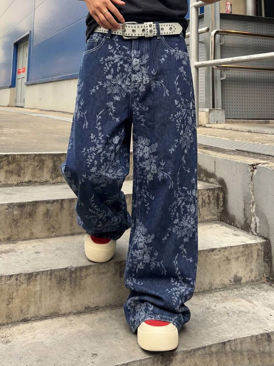 男士深藍色滿版花卉提花寬鬆寬腿牛仔長褲,Y2K街頭風大尺寸休閒長褲 - 藍色 - 查看 1
