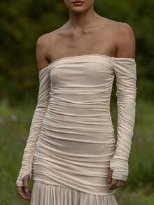 Damenmode Off-Shoulder langärmliges figurbetontes Kleid, Herbst/Winter Mesh transparentes Kleid, elegantes apricotfarbenes Cocktailparty-Abendkleid, sexy Outfit - Aprikosenfarben - Übersicht 1