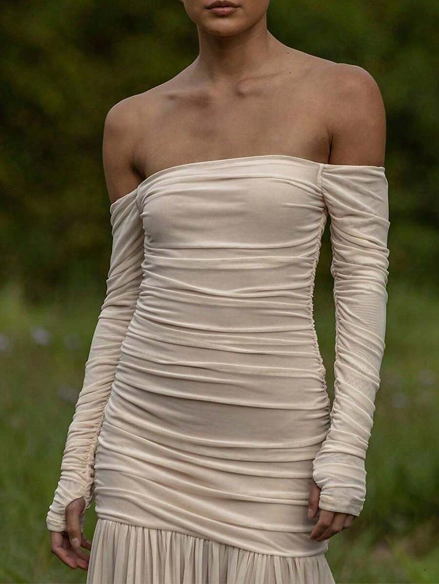 Damenmode Off-Shoulder langärmliges figurbetontes Kleid, Herbst/Winter Mesh transparentes Kleid, elegantes apricotfarbenes Cocktailparty-Abendkleid, sexy Outfit - Aprikosenfarben - Übersicht 1