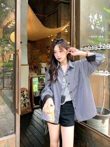 New Women's Spring/Summer Vertical Striped Shacket, Niche Design Loose Fit Blouse, Korean Style Vintage Long Sleeve Top - Black - View 14