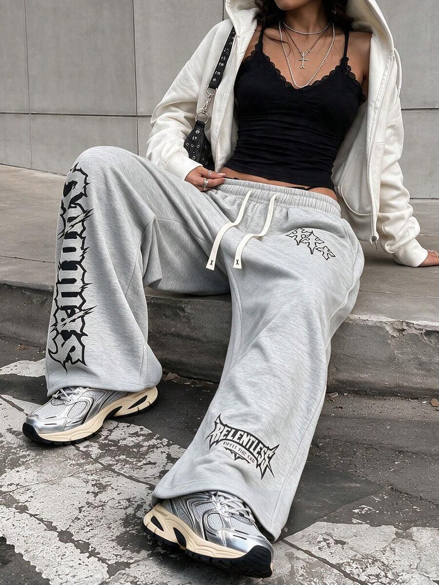 Women's Light Grey Gothic Letter Graphic Wide Leg Sweatpants Pants, Y2K Campus Back To School Fall Outfit Sports - Light Grey - View 1