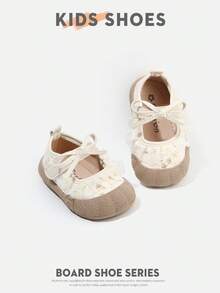 1 Pair Girls' Floral Lace Bow Shallow Flat Mary Jane Shoes For Daily Wear And Outings [Select Based On Actual Cm Inner Length] - Beige - View 2