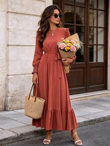 Joyfunear Women's Solid Color Round Neck Long Sleeve Ruffle Hem Dress - Coral Orange - View 6