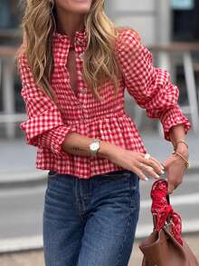 Women's Casual Vintage Streetwear Daily Ruffle Plaid Shirt, Spring/Autumn Blouse - Red - View 3