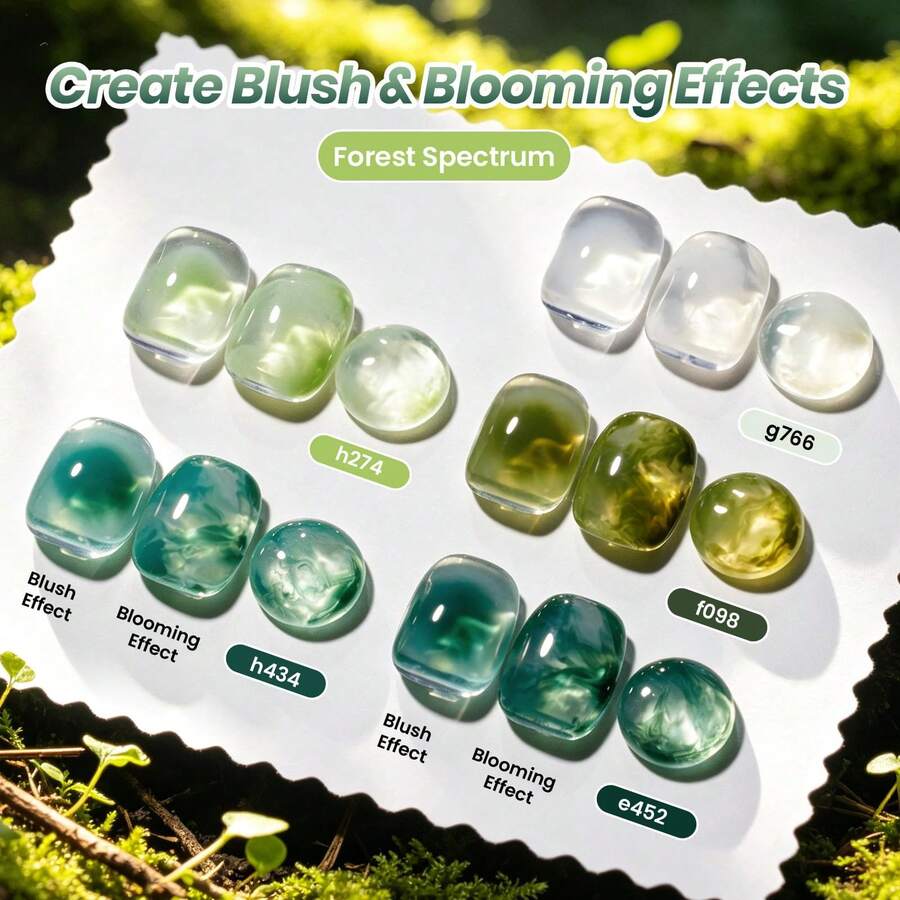 Beetles 5 Colors Green Gel Polish Set, Forest Spectrum 5 Green Jelly Gel Polish With Blooming Gel, Dotting Pen, Marble Nail Art, Soak Off UV LED - 5 Colors with Blooming Gel - 查看 1