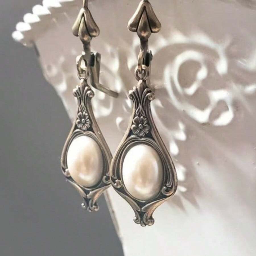 Faux Pearl Earrings, Bohemian Style Jewelry, Art Nouveau Dangle Earrings - Silver - View 1