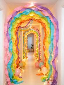 Macaron Color Crepe Paper Tassel Roll, Thickened Soft Pleated Decorative Strip, Suitable For Birthday Backdrop, Baby Shower Decoration, DIY Crafts, Wedding And Holiday Hanging Decor, Stretchable And Twistable Into Various Decorative Shapes - Multicolor - View 3