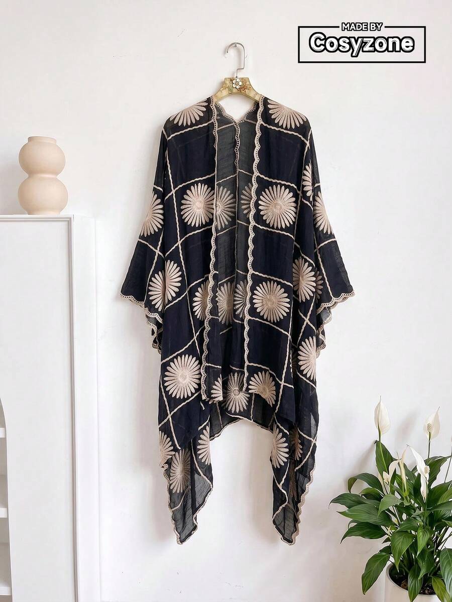 1件優雅花卉圖案刺繡開襟和服式圍裙女款,波希米亞風春夏海灘度假防曬罩衫,裝飾性刺繡開襟衫,適合日常穿著,完美禮物選擇 - 黑色 - 查看 1