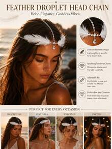 FAAABULS 1pc Women's Feather Rhinestone Head Chain, Bohemian Teardrop Crystal Forehead Jewelry, Suitable For Beach, Music Festival, Wedding And Party Wear - Silver - View 2