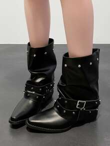 Rivet Buckle Ruched Stacked Western Mid-Calf Boots Plus Size Women's Pointed Toe Fashion Boots - Black - View 3