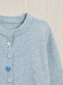 Cárdigan de punto estilo oceánico para mujer con cuello redondo, botones de estrella de mar y concha, abrigo de suéter suave para atuendos de fiesta del Día de San Patricio - Azul - Ver 3