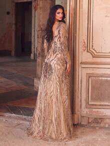 Faeriesty Deep V-Neck Backless Tie Sequin Formal Ball Gown Wedding Elegant Spring Party - Champagne - View 2